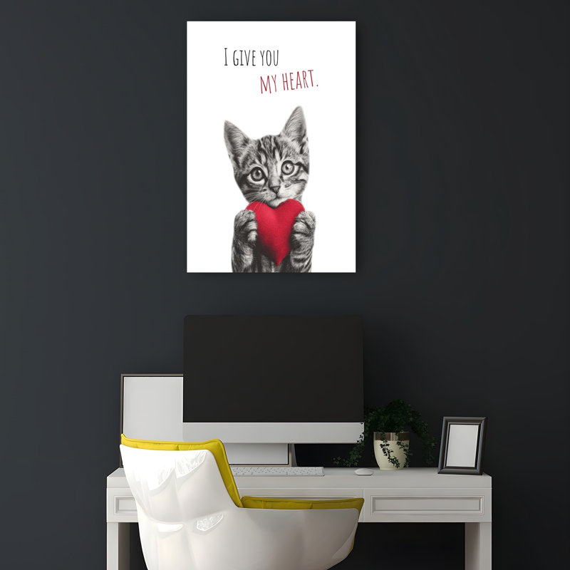 Adorable chaton, cœur romantique, reproduction d'art murale, 18" H x 12" W