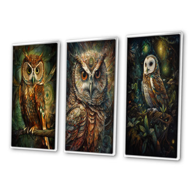 "Portrait d'un hibou magique et sage dans la forêt", 3 pièces sur toile