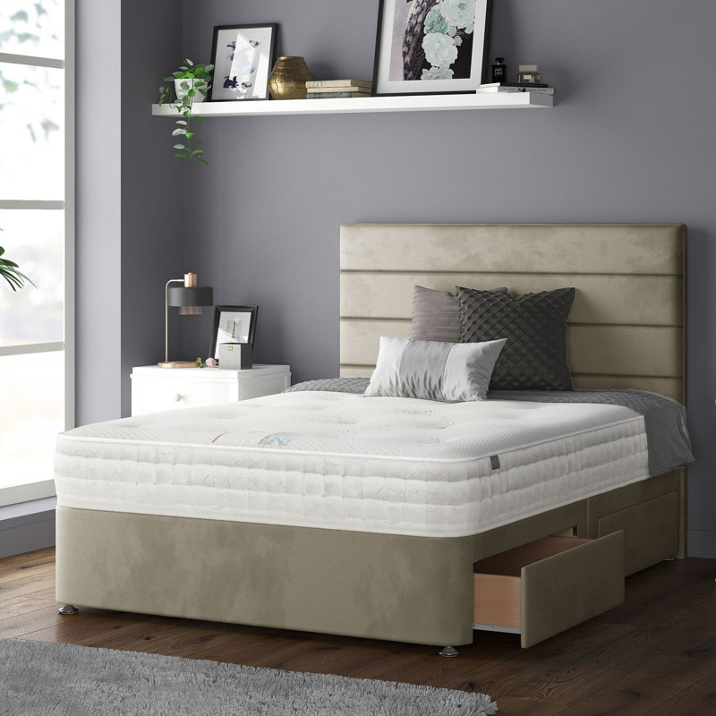 Kiara Stripped Floor Standing Headboard With Divan Base 4 Drawers Plush Velvet Mallard With And Metal Feet (Kingsize), Coffee
