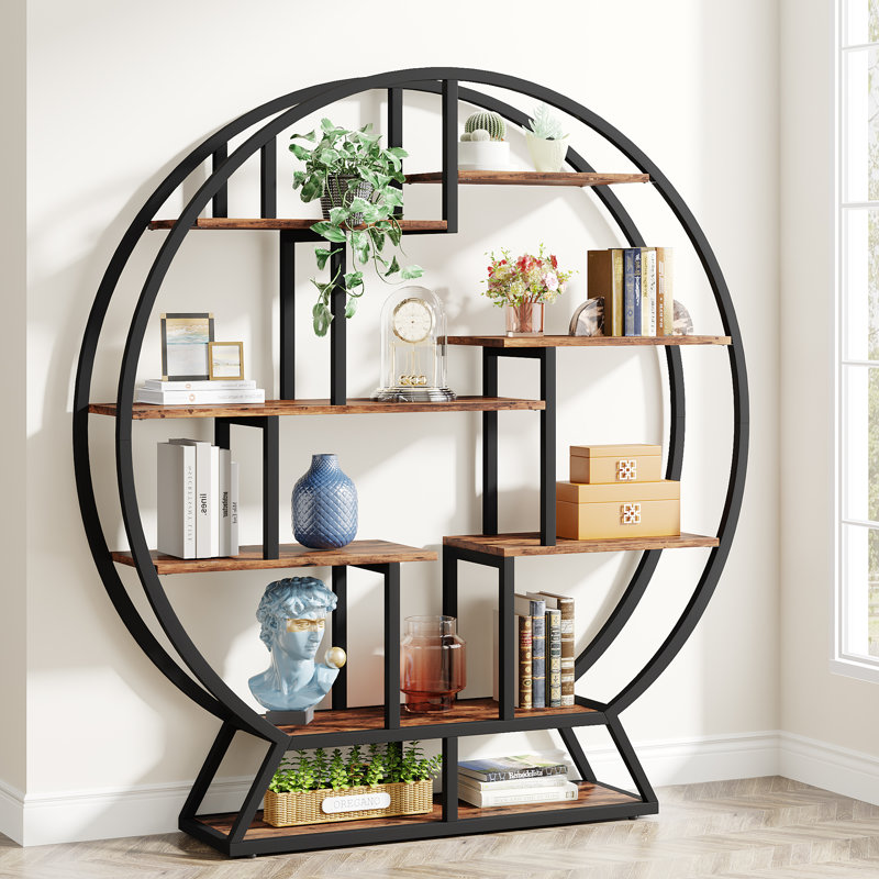 Drino 63" H x 59" W Steel Geometric Bookcase, Black/Brown