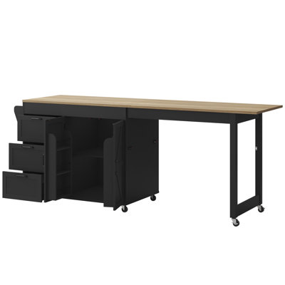 89.6" Large Portable Farmhouse Kitchen Island with Extendable Dining Table On Wheels, 3 Drawers and 2 Doors Cabinet For Kitchen, Dining Room, Living Room