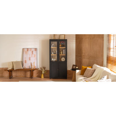 Vitrine à grain de bois de frêne de 74,5 po de hauteur, bibliothèque avec portes en verre et tablettes réglables, bibliothèque moderne de style Mid-Century, armoire vitrée pour couloirs, salon, cuisine et bureau
