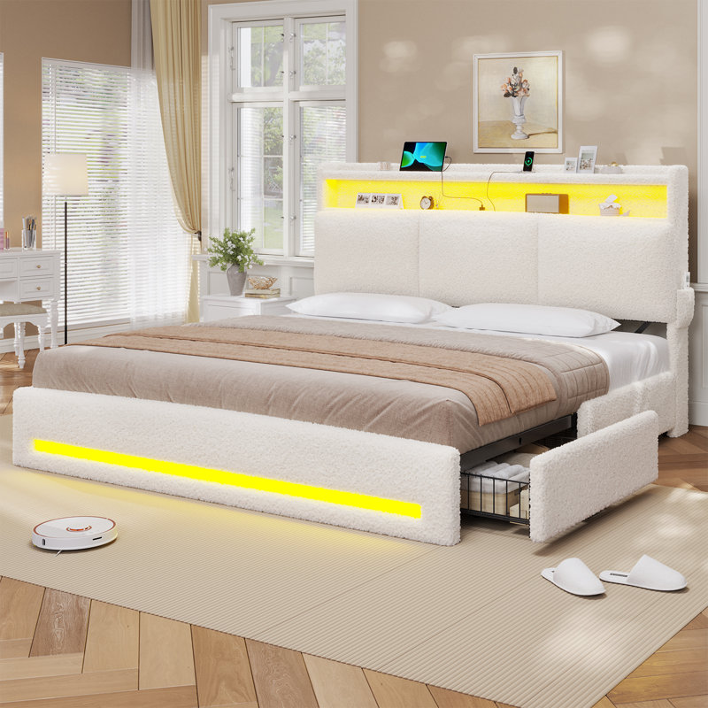 Upholstered Bed Frame With 4 Drawers, King, Cream White