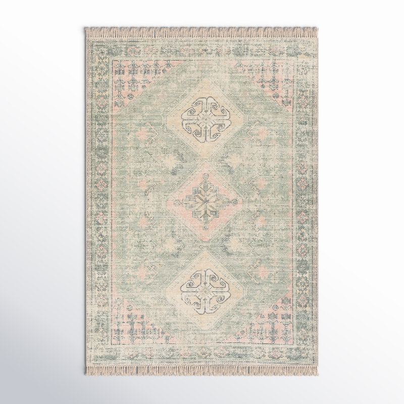 Tapis oriental vert / kaki tissé à plat Wensley, Rectangle 6 pi x 9 pi