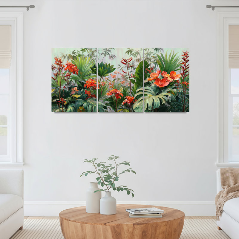 Ensemble de 3 tableaux muraux sur toile représentant un jardin floral tropical, H 18 po x l 36 po