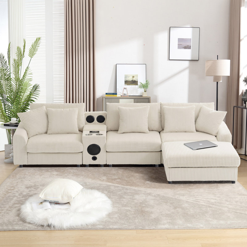 Canapé modulaire en L avec console 5 pièces Thalune, Velours côtelé crème