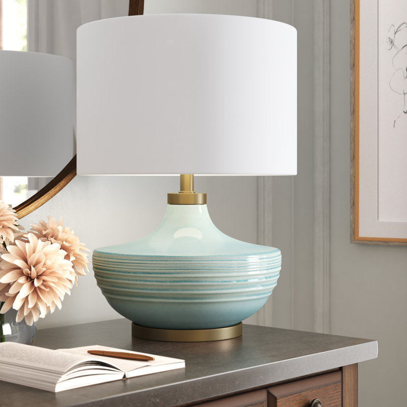 Ceramic Table Lamp with Linen Shade Aqua, Aqua, White