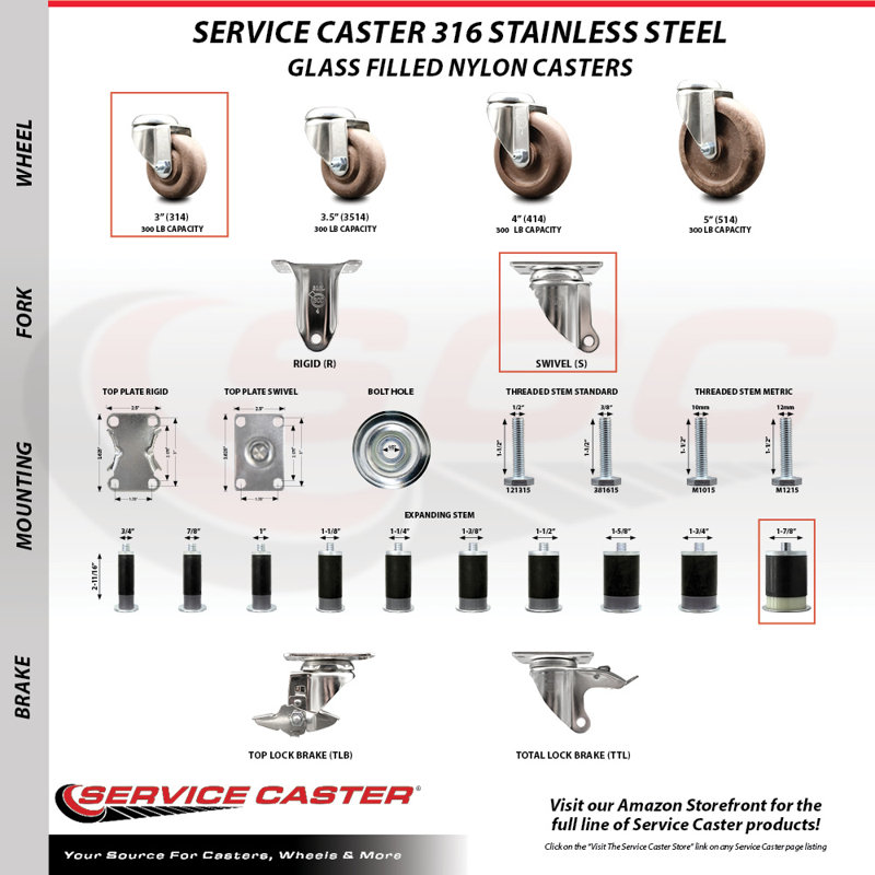 Stem Caster, 3" H x 3" W