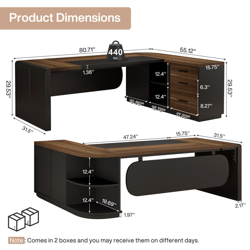 81" L-Shaped Office Desk, Large Computer Desk with Drawers and File Cabinet, Modern Executive Desk with Storage Shelves
