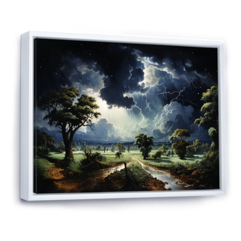 Tempête verte chassant la foudre sur toile, Cadre flottant blanc, H 24 po x l 32 po x P 1 po