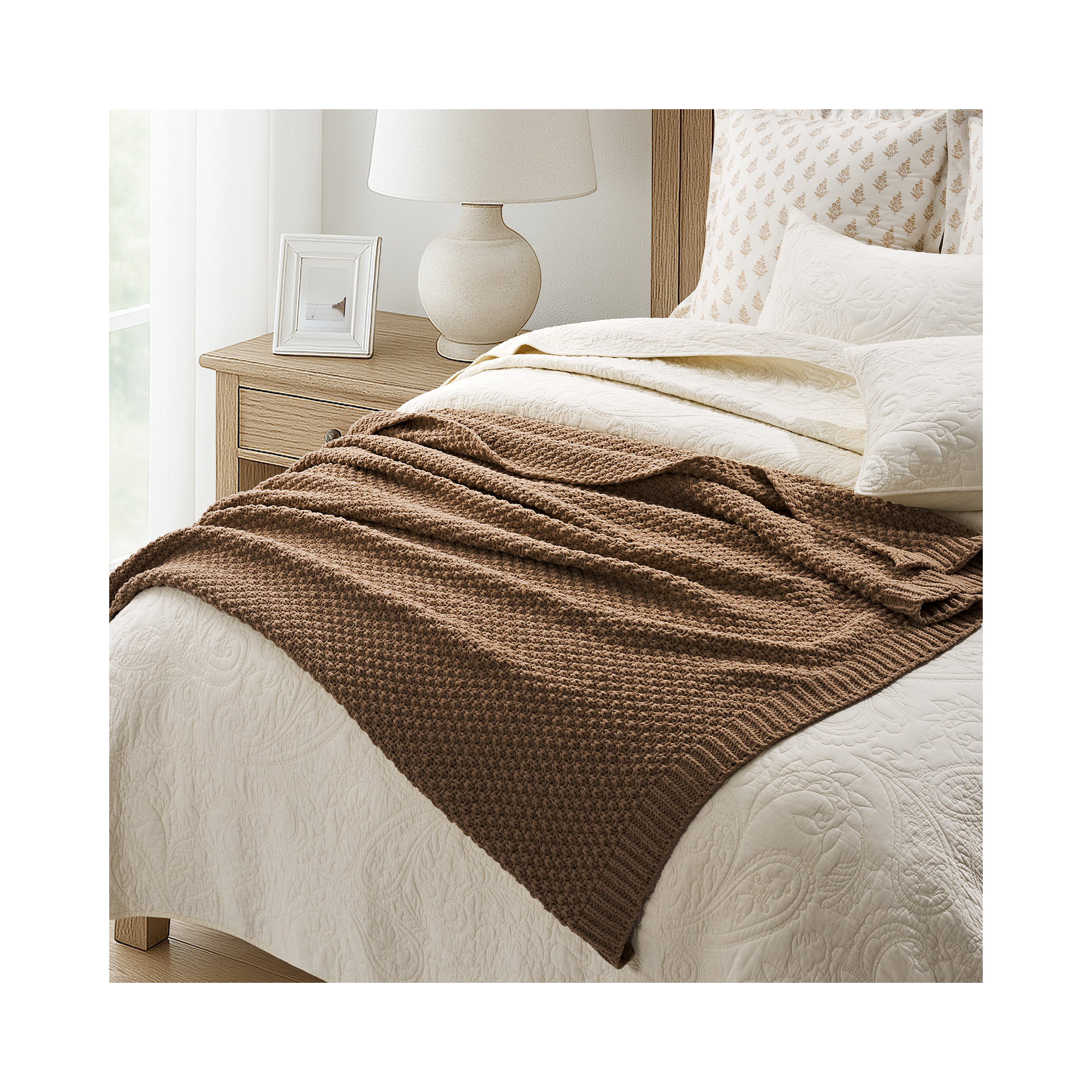 Chunky Chenille Knit Throw Blanket, Camel Brown, 80" L x 60" W