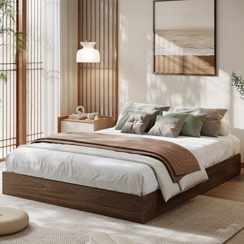 Lit plateforme en bois massif avec lattes de bois robustes, base de lit autoportante, Noyer, Grand lit