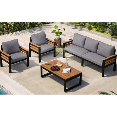 4 patios avec bois, coussin amovible et table basse - fonctionnelle et relaxante, table d'extérieur grise, idéale pour les espaces