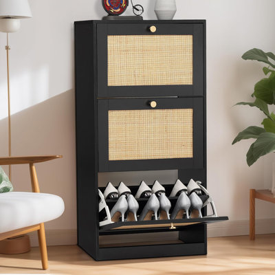 3-Tier Shoe Cabinet With Natural Rattan Flip Drawers, Free-Standing Slim Shoe Storage Organizer With Adjustable Width Drawers And Large Top Board