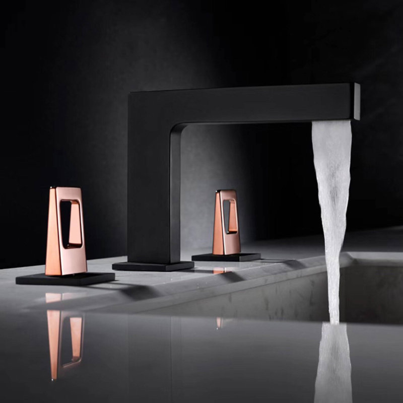 Widespread 2-handle Bathroom Faucet with Drain Assembly, Matte Black/Rose Gold