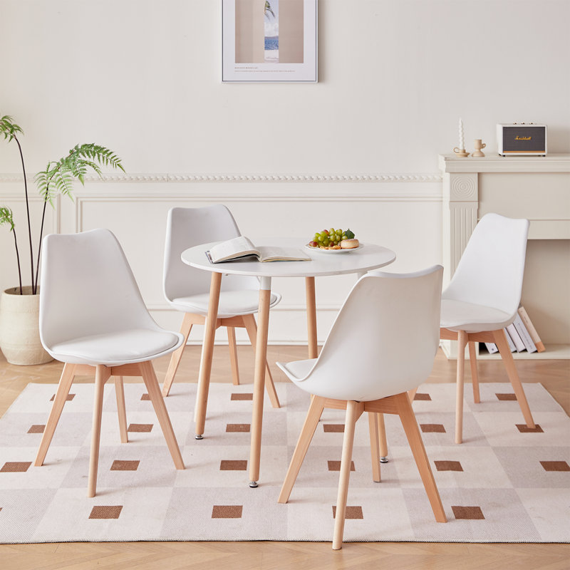 4 - Person Dining Set - Modern Round Kitchen & Dining Table Set With 4 Upholstered Chairs - Natural Wood Legs, White