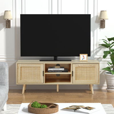 Meuble télé avec portes en rotin et rangement ouvert pour téléviseur de 55 po ou moins Boho, console média avec armoire de rangement