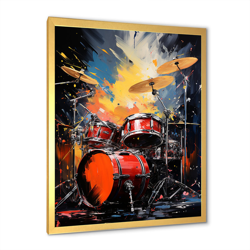 Popart Music Drums - Décoration murale musique, Cadre doré simple, H 40 po x l 30 po x P 1,5 po