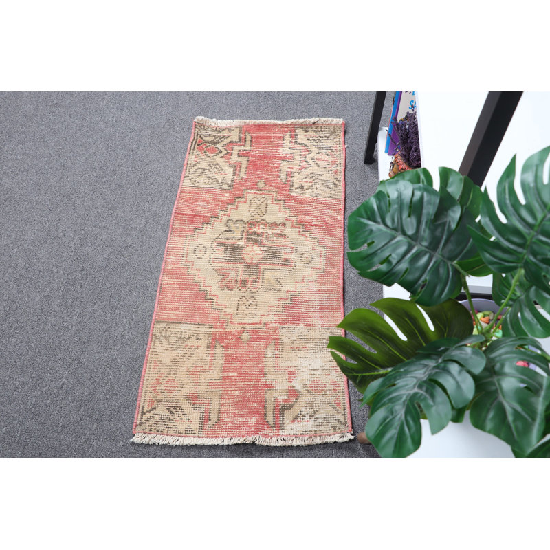 Authentic Turkish Red Vintage Small Wool Rug Ideal For Bathroom Or Small Entry Spaces