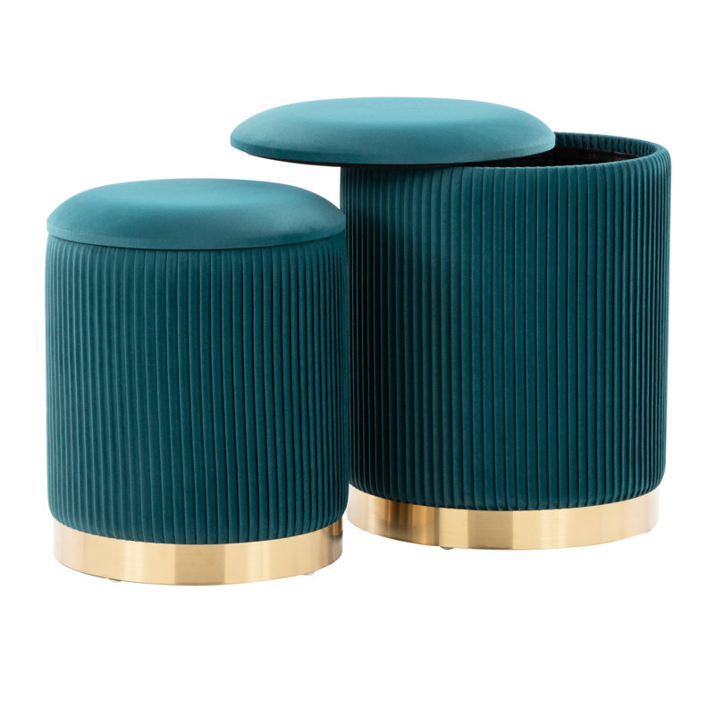 Élégant ensemble de repose-pieds plissé en velours de paon avec base en métal doré et couvercle amovible pour un emboîtement élégant