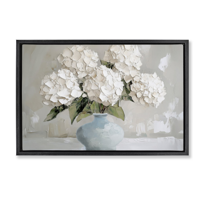 Bouquet d'hortensias moderne tacheté, Cadre flottant noir de jais, H 17 po x l 25 po