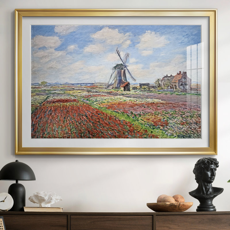 Tulip Fields with the Rijnsburg Windmill-Claude Monet - reproduction d'art encadrée avec passe-partout et verre - 1886, Doré
