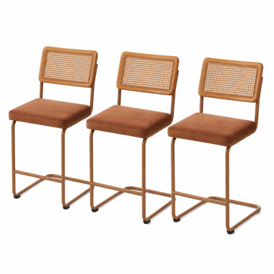 3Pcs Bar Stool 26.1-In H - Velvet Upholstered - Rattan Backrest Iron Frame - Counter Height Kitchen Island Stool - Brown