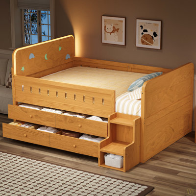 Lit double en bois avec lumière DEL, tiroirs de rangement