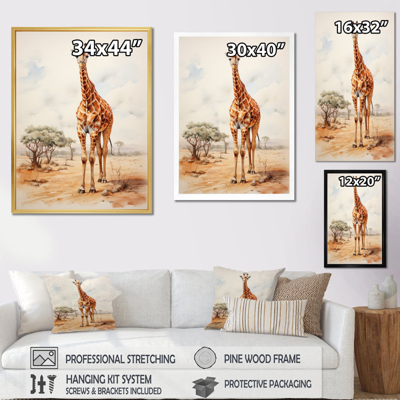 Girafe brune brune et brune sur toile, H 40 po x l 30 po x P 1,5 po, Cadre doré à une seule photo