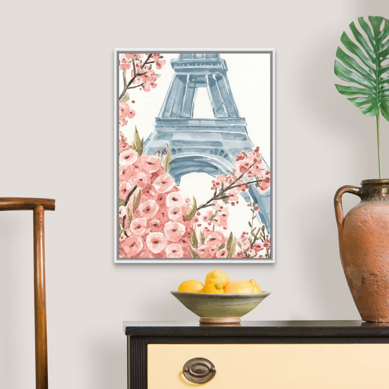 «Paris Cherry Blossoms I», reproduction d'art sur toile, Cadre flottant blanc, H 25,7 po x l 19,7 po x P 1,75 po