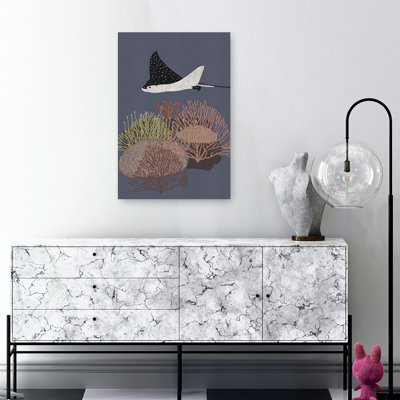 Spotted Ray Over Coral Reef Colorful Contemporary Eagle Fish Animal Nature Wall Art Print by Nicholas - Wrapped Canvas Print