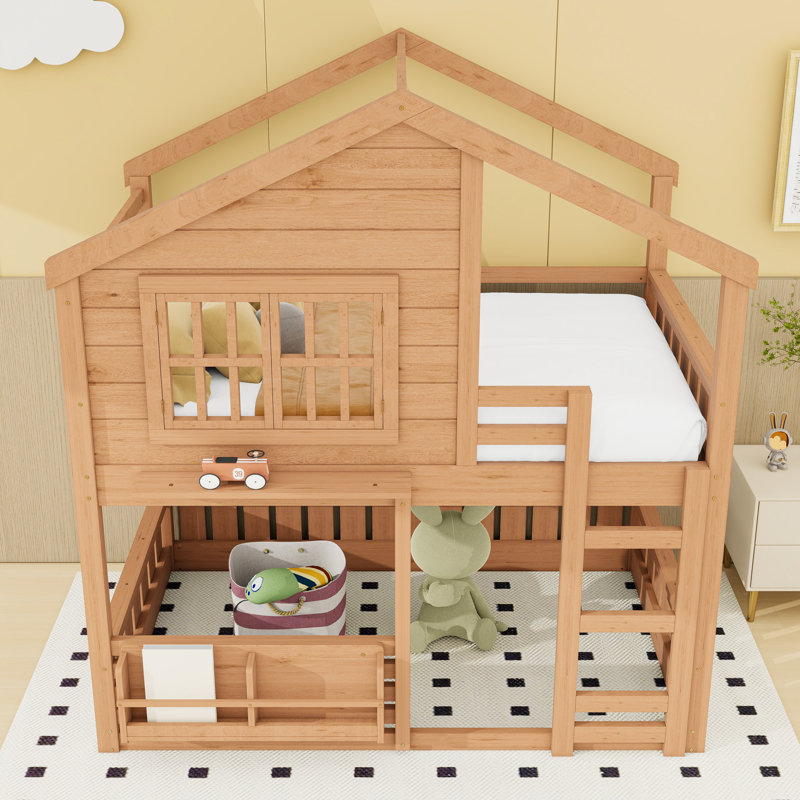 Lit superposé en bois en forme de maison avec fenêtre et tablette, Double sur double, Naturel