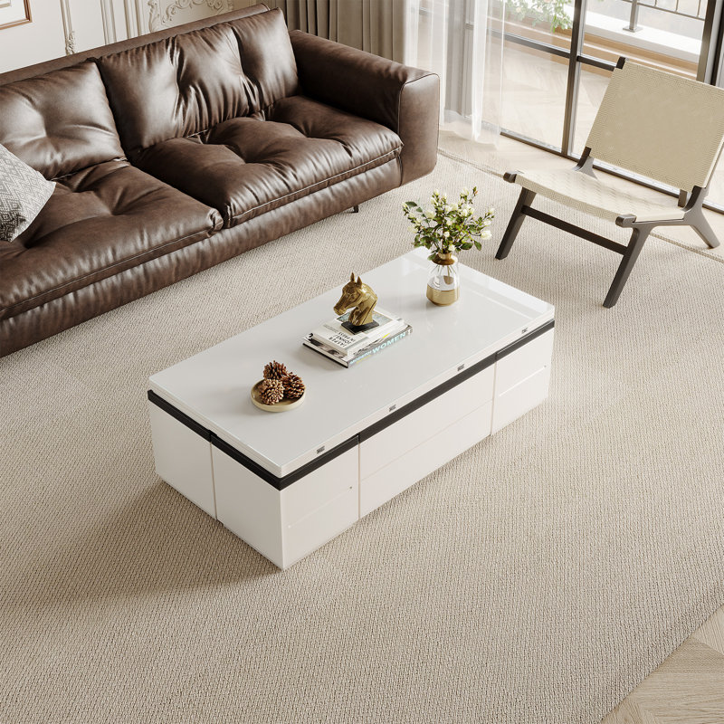 Table basse à plateau relevable moderne avec 4 tabourets, table centrale extensible pour le salon, la salle à manger et le bureau