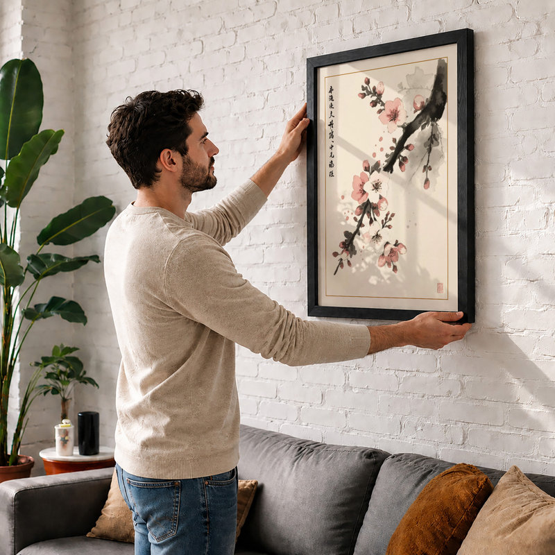 Moonlit Cherry Blossom Japandi - Framed Print, A1 - 84.1 x 59.4 cm, White