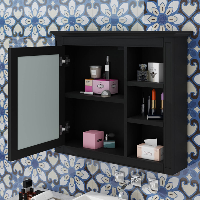 Armoire de rangement murale pour salle de bain, armoire à pharmacie 30 po x 28 po avec porte miroir, Noir