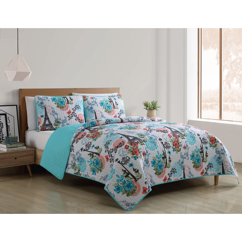 Eiffel Blue Reversible Microfiber Full Quilt Set