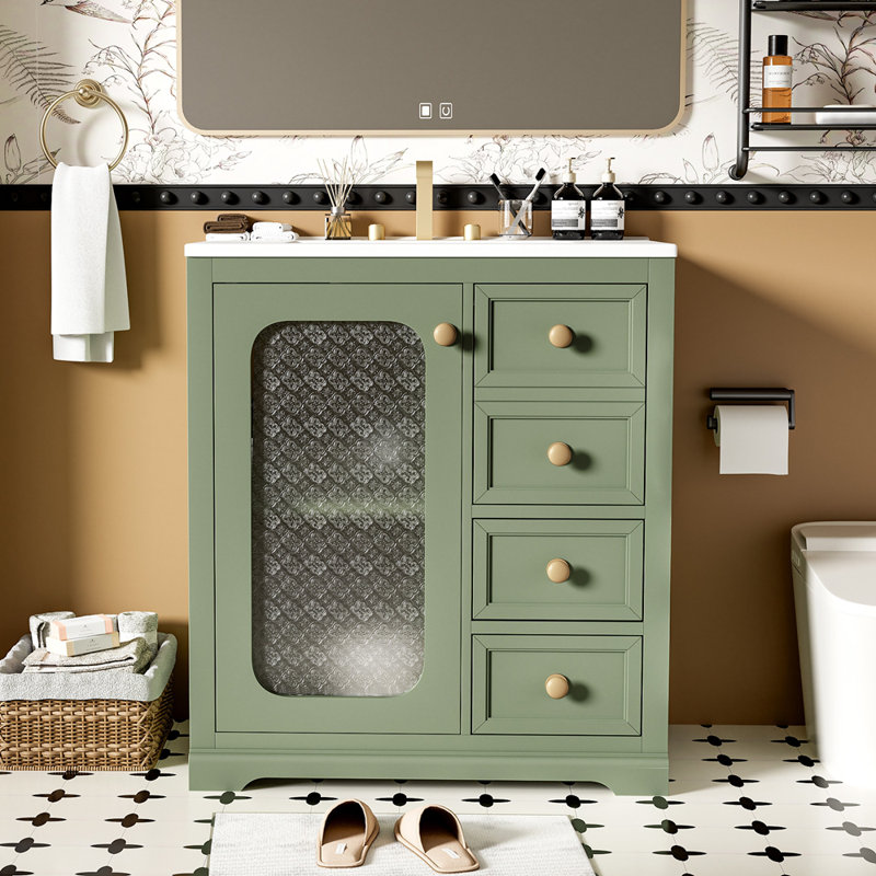 Meuble-lavabo 30 po avec porte en verre à fermeture en douceur, tablettes réglables et trois tiroirs, Vert