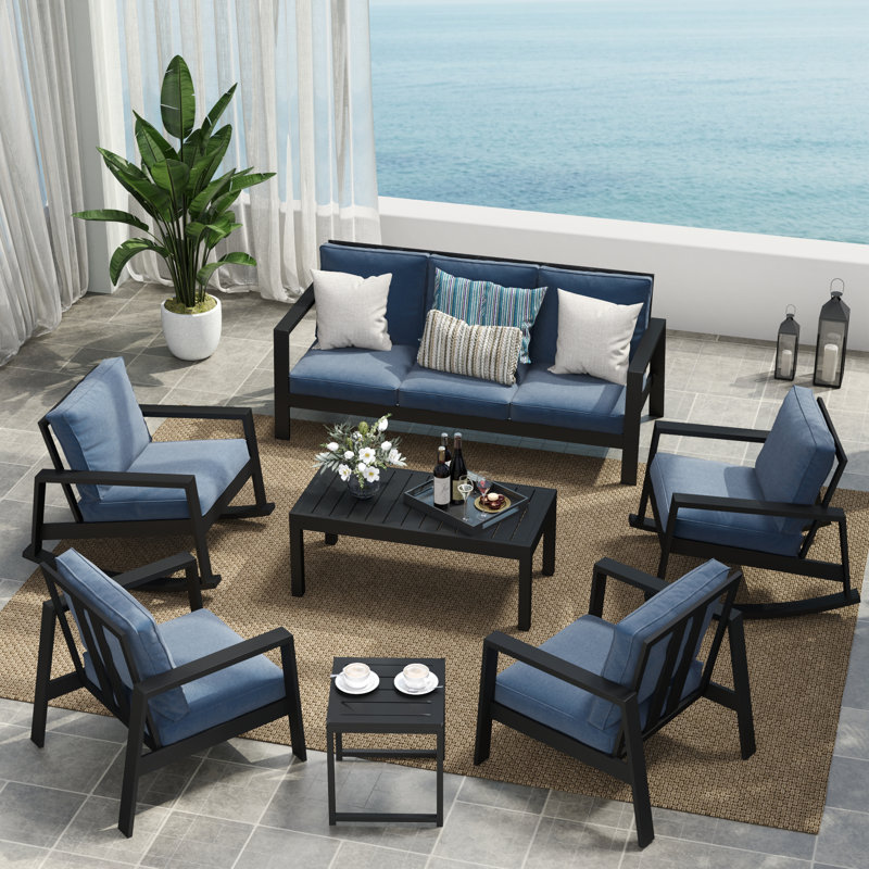 Ensemble de conversation avec canapé berçant et table basse 7 pièces Brandtley, Bleu