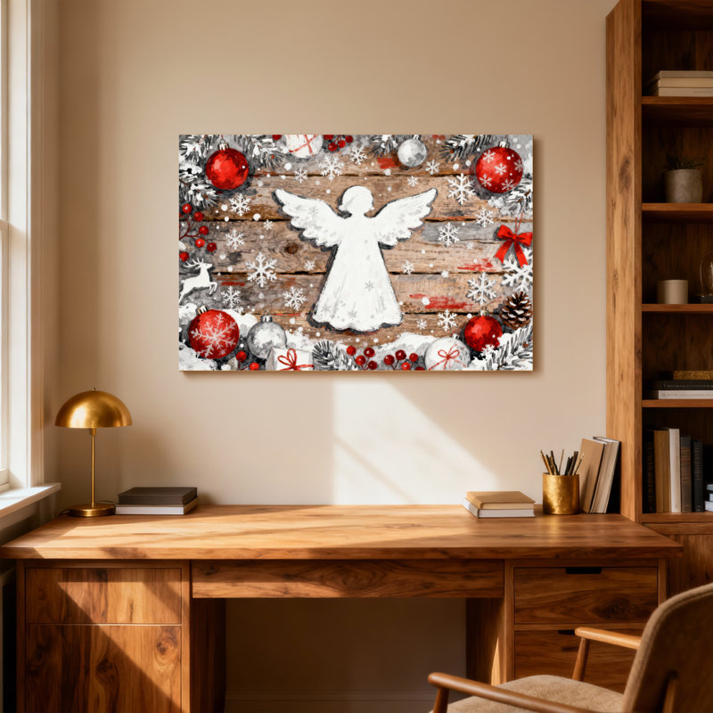 Ange de Noël avec ornements et flocons de neige, H 20 po x l 30 po