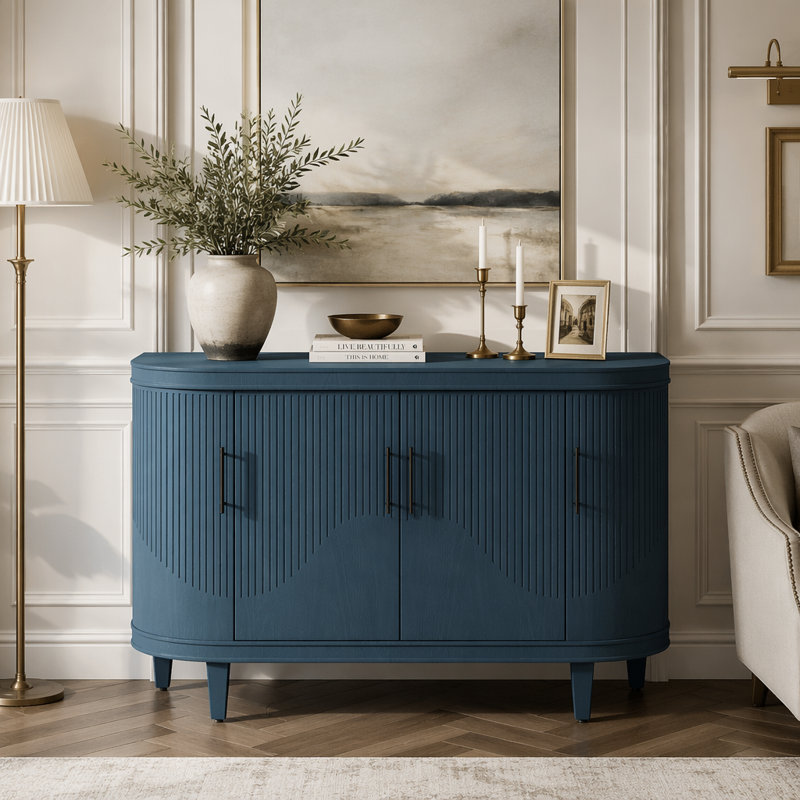 Buffet incurvé 47,2 pouces avec armoire de rangement en bois et console avec 4 portes et tablettes intérieures réglables