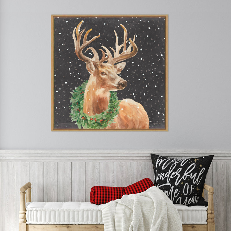 Woodland Holidays Stag Black by Danhui Nai Framed Canvas Wall Art Print, 30" H x 30" W