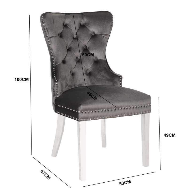 Chaise de style transitionnel avec velours gris foncé et pieds décoratifs en acier inoxydable - Rembourrage en bois massif