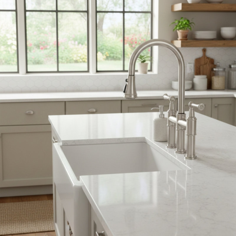 Pull-Down Sprayer Kitchen Faucet, Bridge Style With Double Handles For 3-Hole Widespread Sink, Brushed Nickel