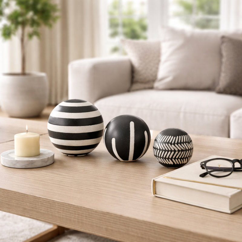 Orbes décoratifs avec motif abstrait pour décor de salon - Céramique moderne pour le bureau ou la maison - Ensemble de 3, 6 ", 5", 4 ", noir et ivoire
