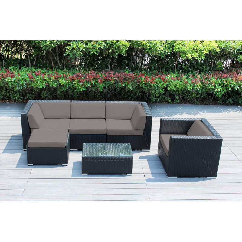 Ensemble de conversation en osier pour 5 personnes avec coussins Lumini, Toile Sunbrella® taupe