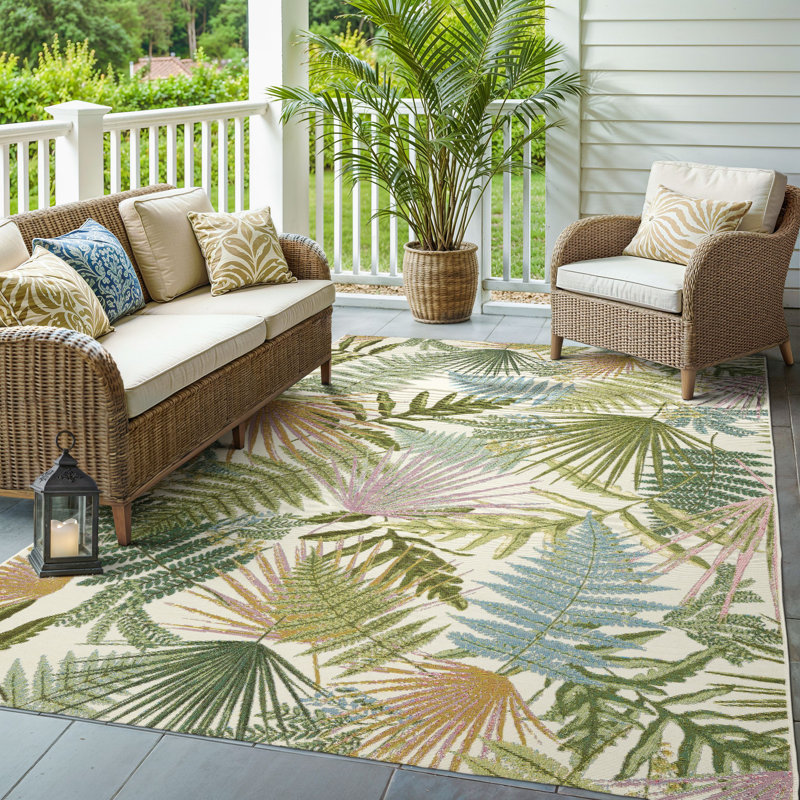 Arjay Layered Tropical Leaves Green/ Ivory Indoor-Outdoor Rug, Rectangle 6'7" x 9'4"