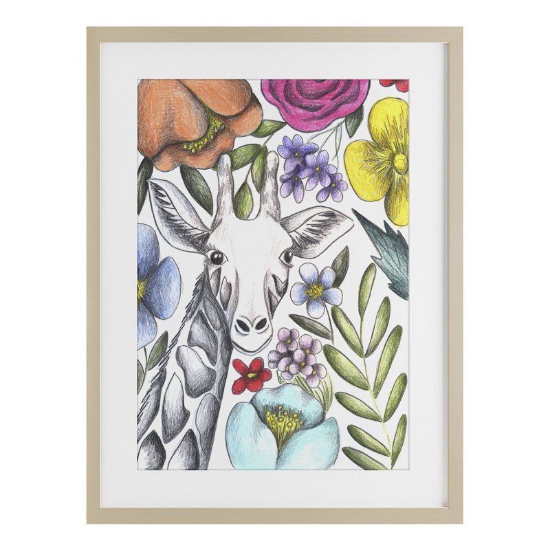 Girafe au milieu des fleurs, reproduction encadrée sous verre, design par Cecilia Battaini, H 23 po x l 17 po