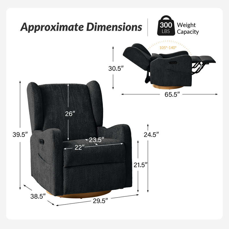 Ceandra 29.5"W Modern Nursery Swivel Glider Power Recliner with Built-In Nightlight (Set of 2), Black