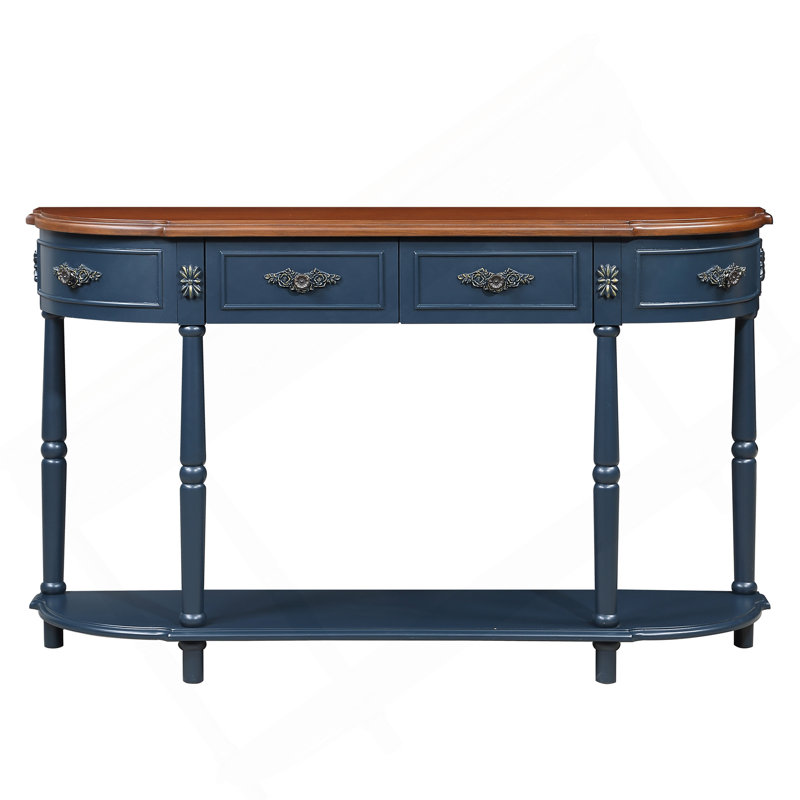 Console rétro en bois courbé, canapé demi-lune circulaire de 52 pouces avec tablette ouverte et 2 tiroirs, table d'entrée en bois massif pour le salon, couloir, bleu marine et plateau brun