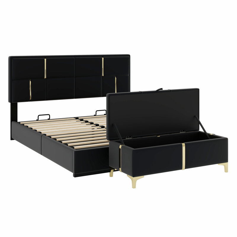 Lit plateforme tapissier avec système de rangement hydraulique, repose-pieds avec pieds en métal, Noir